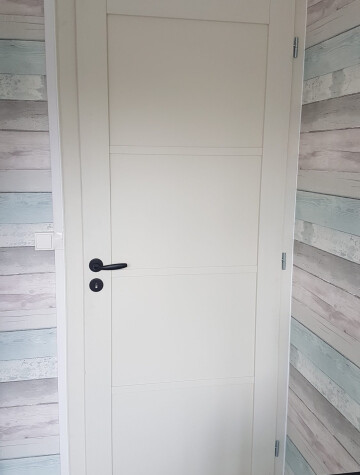 Porte intérieure blanche à panneau, mur en lames décoratives
